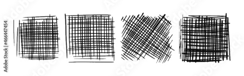 Drawn hatching squares. A set of hand drawn hatched strikethrough doodles. Diagonal, vertical, or parallel square strokes. Vector stock illustration isolated on white.
