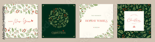 Ornate Merry Christmas greeting cards. Trendy square Winter Holidays art templates. Suitable for social media post, mobile apps, banner design and web, internet ads.