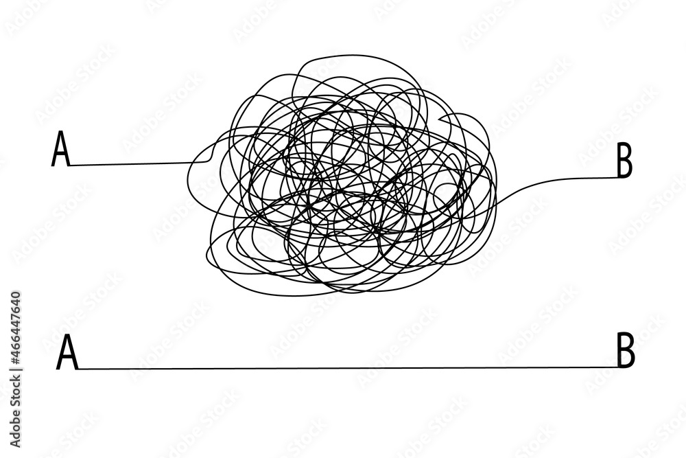 Naklejka premium A tangled path from alphabet or letters.The concept of simplifying a confusion or road in psychotherapy, psychology, or goal achievement.
