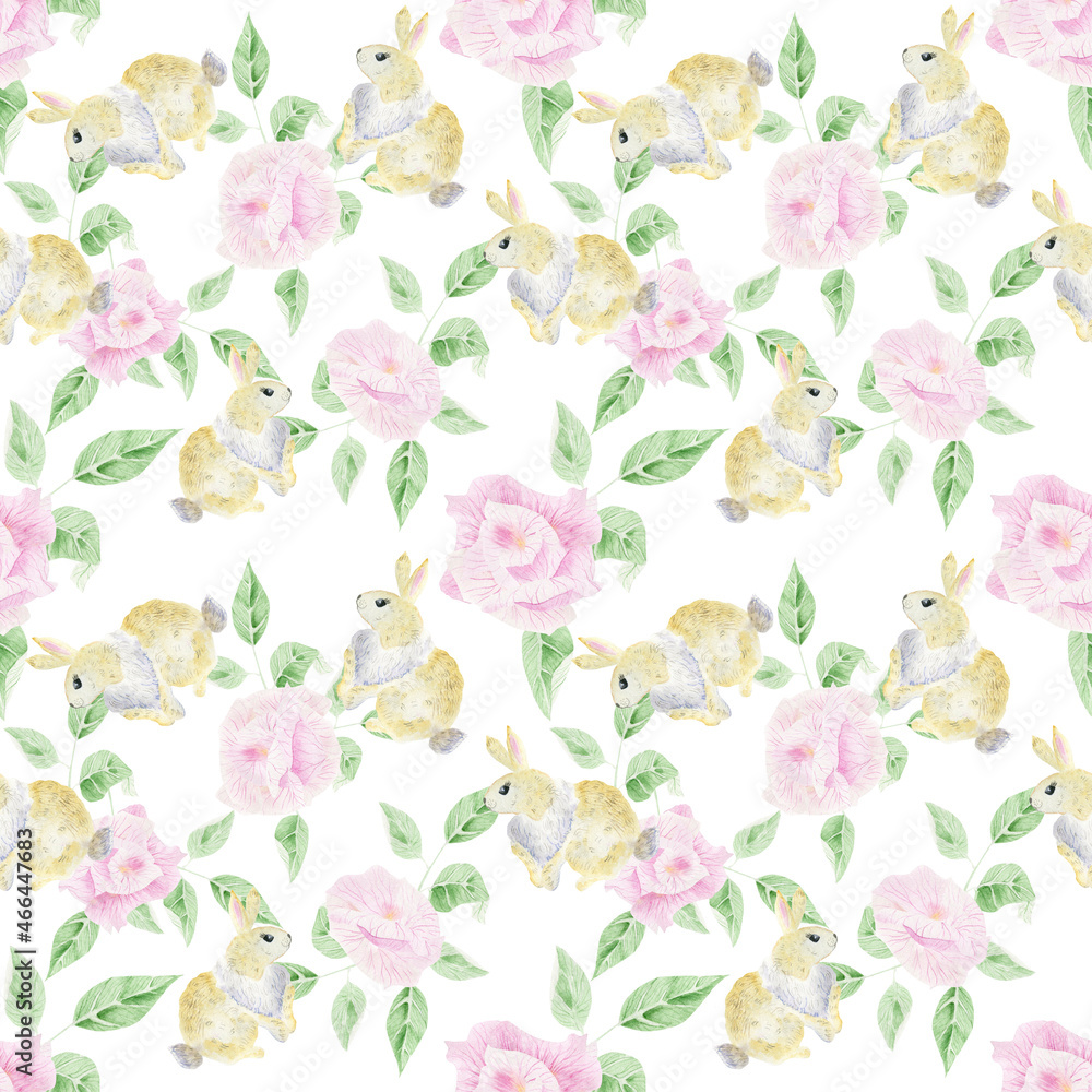 Roses and ginger rabbit. Watercolor illustration for wallpaper, wrapping paper, textiles.