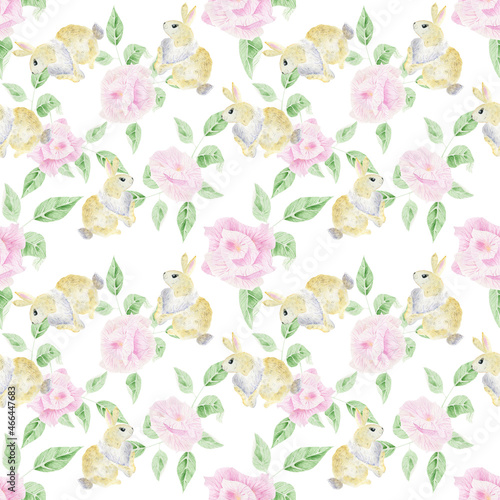 Roses and ginger rabbit. Watercolor illustration for wallpaper, wrapping paper, textiles.