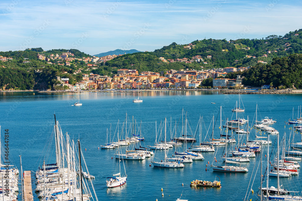 San Terenzo village and the port of Lerici with many sailboats moored. Tourist resorts on the coast of Gulf of La Spezia, Liguria, Mediterranean sea, Italy, Southern Europe.