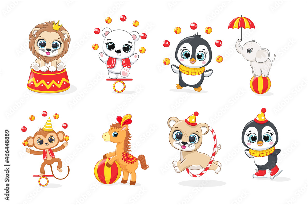Naklejka premium A set of cute circus animals. Vector illustration of a cartoon.