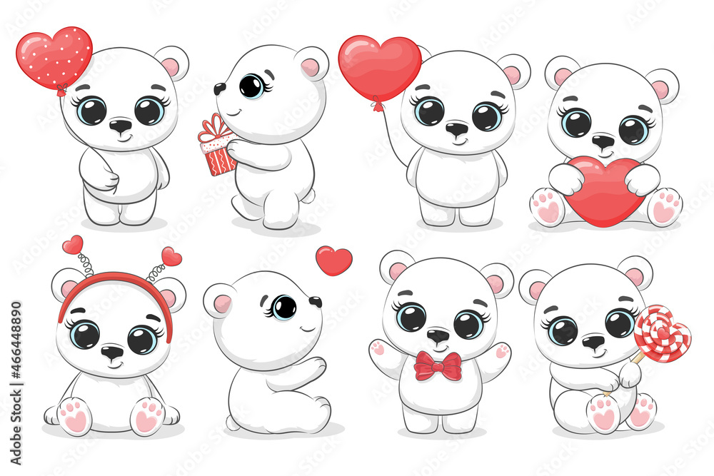 A collection of cute polar bears for the holidays, Valentine's Day. Cartoon vector illustration.