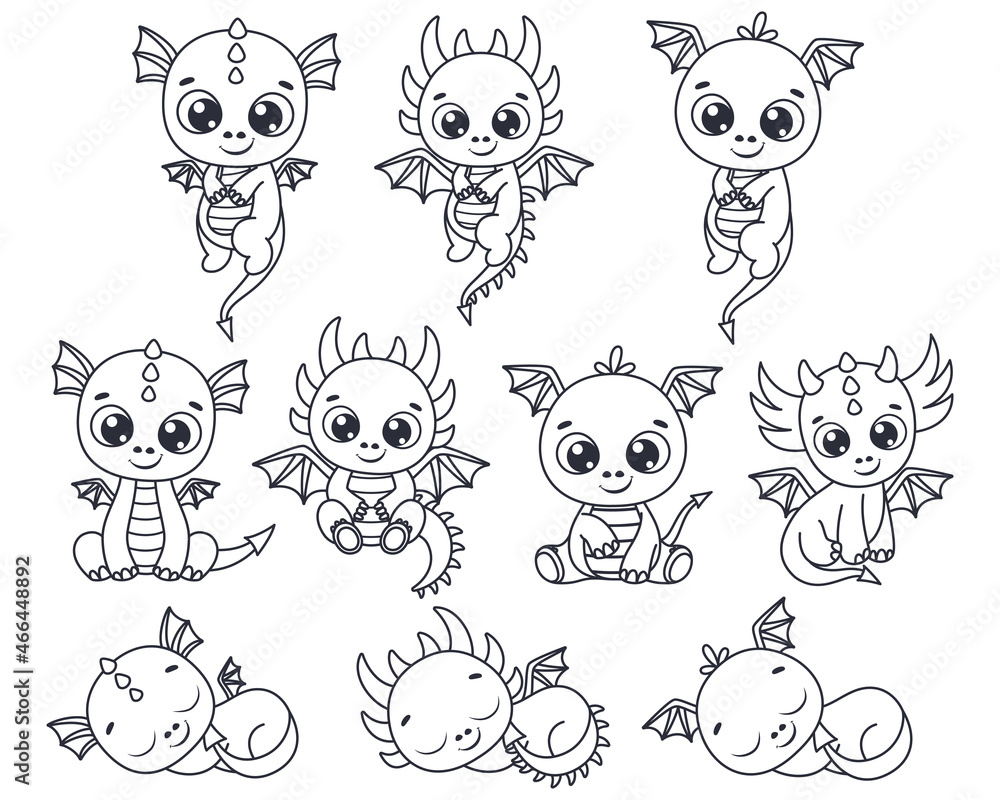 A set of contours of cute dragons. Vector illustration of a cartoon. A set of contours of cute dragons. Vector illustration of a cartoon.