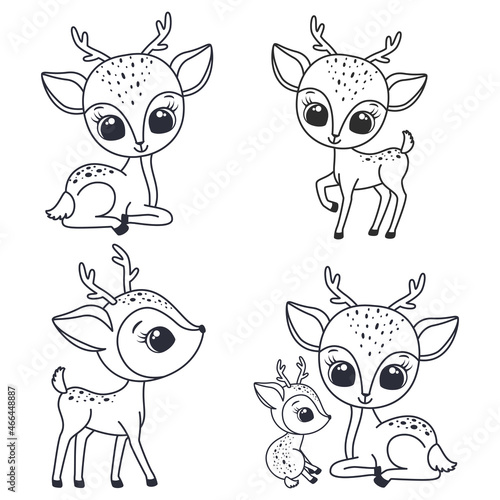 A set of contours of cute deer. Vector illustration of a cartoon.