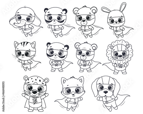 A set of contours of cute superheroes. Vector illustration of a cartoon.