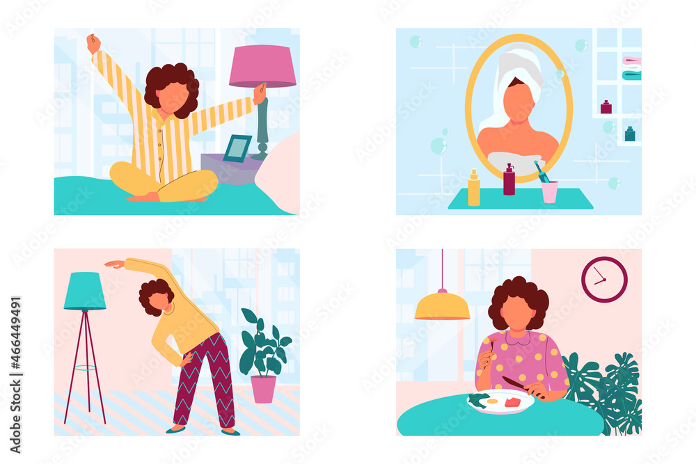The woman does her morning routine including yoga practice, shower, breakfast, beauty rituals. Woman grooming concept. Vector illustration in flat style