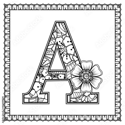 Letter A made of flowers in mehndi style. coloring book page. outline hand-draw vector illustration.