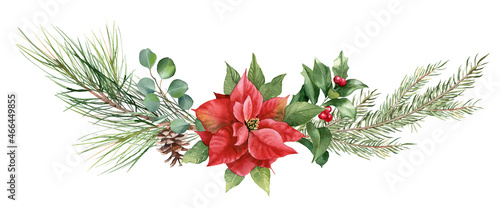 Fototapeta Naklejka Na Ścianę i Meble -  Watercolor Christmas wreath with green fir branches, eucalyptus leaves,  holly  and red Poinsettia flower. Illustration for greeting cards and invitations isolated on white background.