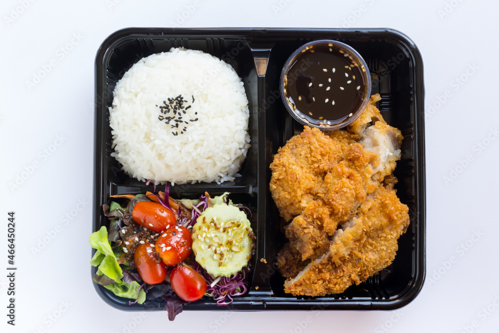 Japanese bento box, Japanese food lunch boxes in plastic packages. Rice