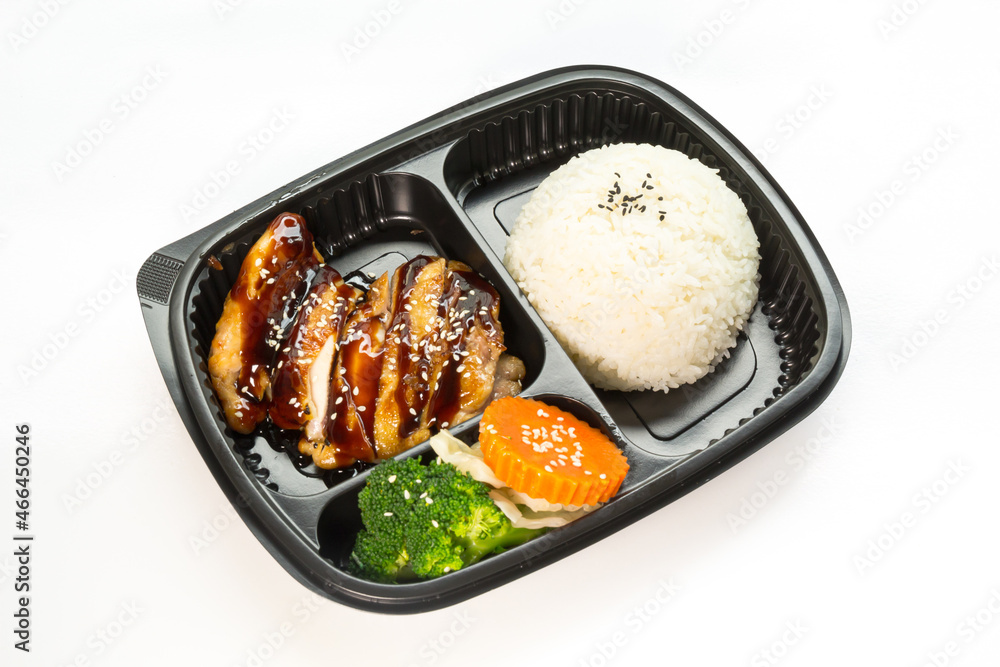 Japanese bento box, Japanese food lunch boxes in plastic packages. Rice