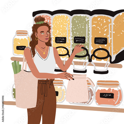 Vector colorful illustration of cute young girl with eco bag buy food in the store or market, trendy dressed on white backgrounds. Zero waste concept.