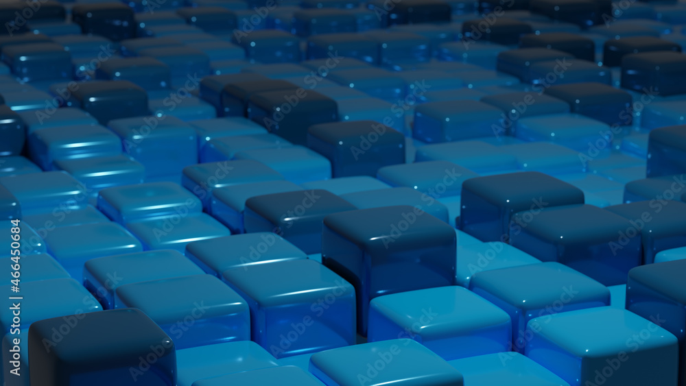Obraz premium Abstract background with blue colored cubes, metal material, closeup. 3d render
