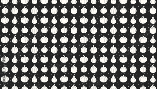 Pumpkin silhouette pattern, background, banner. Autumn holiday. Thanksgiving Halloween decor. Vegan vegetarian food. Kitchen element. Groceries shop. Gardening, farming.