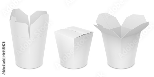 Paper blank chinese takeout small box with round bottom for wok noodles. Set of open and closed presentation options. Vector realistic isolated template illustration.