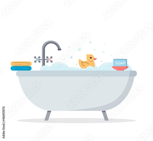 Foam bath on an isolated background. Bathtub with foam bubbles and rubber duck. Bath time. Bath towel and bath soap in flat style. Cute vector illustration.