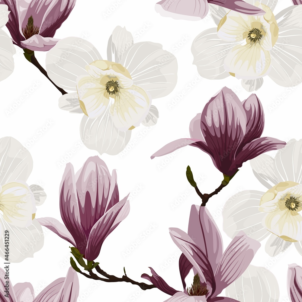 Seamless floral pattern with pink white tropical magnolia flowers branch on white background. Template design for textiles, interior, clothes, wallpaper. Botanical art. Engraving style.