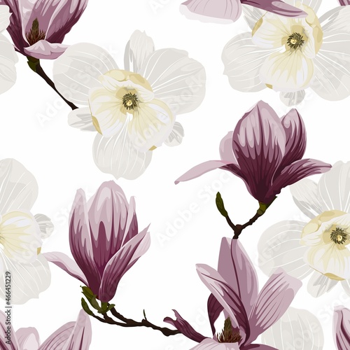 Seamless floral pattern with pink white tropical magnolia flowers branch on white background. Template design for textiles  interior  clothes  wallpaper. Botanical art. Engraving style.