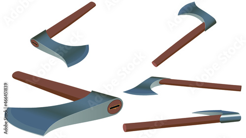 set of Wooden axes isolated on white background, metal axe with handle made of wood