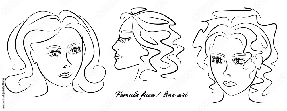 Set beautiful monochrome woman's face with. Line art fashion illustration on white background Set beautiful monochrome woman's face with. Line art fashion illustration on white background