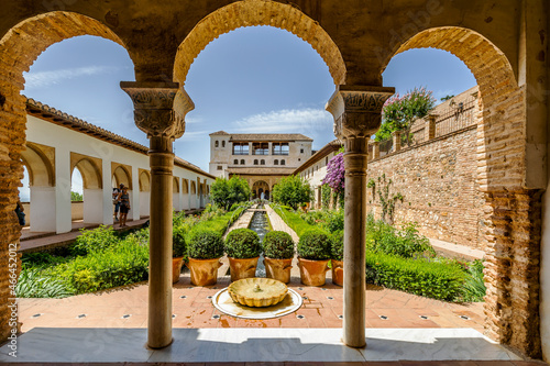 Generalife palace with green courtyard in Alhambra, Granada, Spain