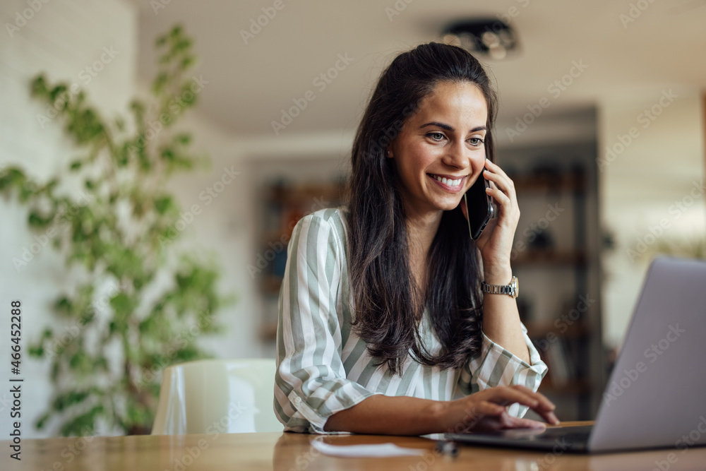 Excited caucasian woman, working from home office Excited caucasian woman, working from home office