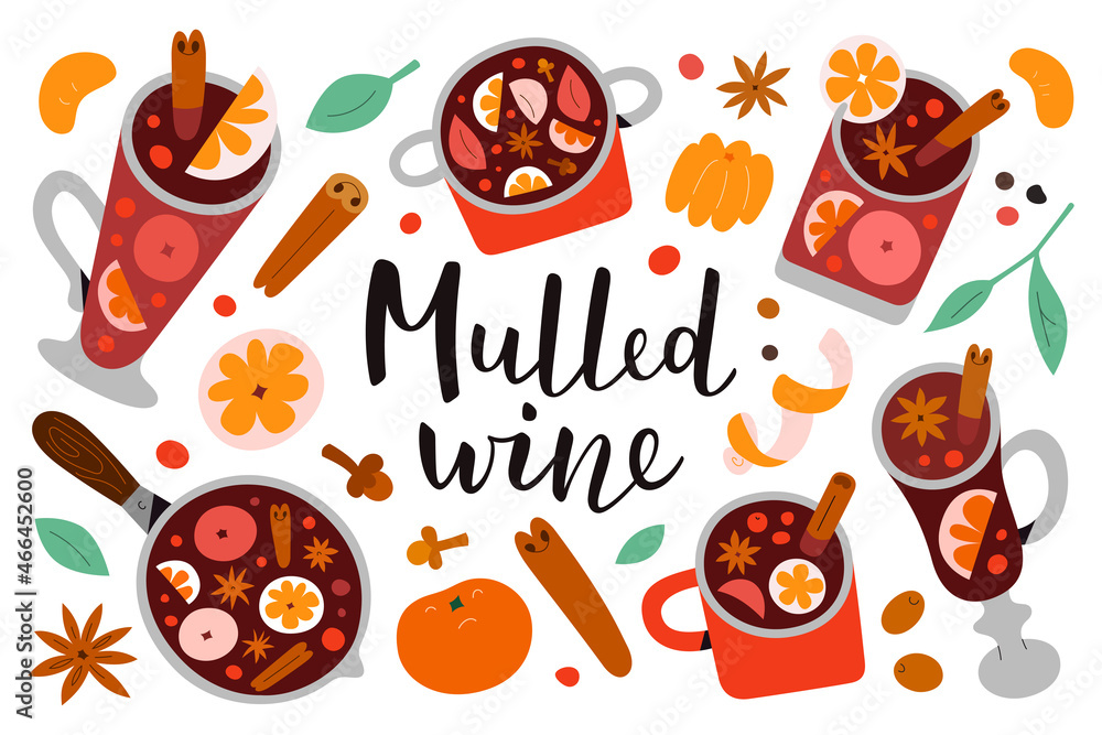 Mulled wine, Christmas punch in various cups and glasses, hot red wine with fruit and spice, scented alcohol drink with cinnamon, clove and anise star, festive glintwine, isolated vector illustrations