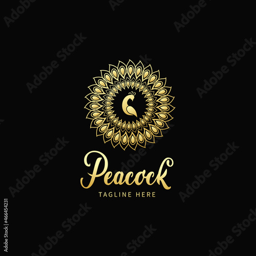 Peacock logo template, gold peacock mascot logo, vector illustration