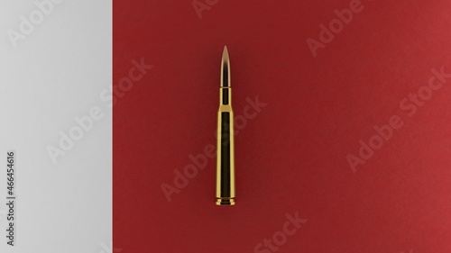 Photography 3D rendering of top down view of a single rifle bullet in the center and on top