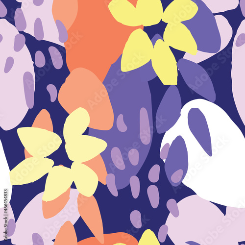 Hand painted large scale floral seamless vector pattern in vibrant high contrast colors. Abstract flower composition of graphic shapes for background or packaging design.