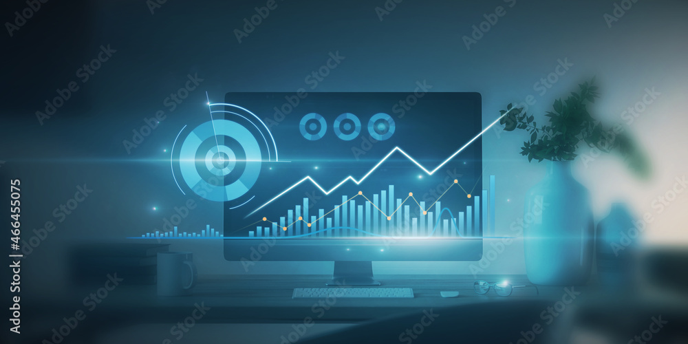 Close up of computer monitor with abstract glowing business chart on blurry office background. Finance and innovation concept. 3D Rendering. Close up of computer monitor with abstract glowing business chart on blurry office background. Finance and innovation concept. 3D Rendering.