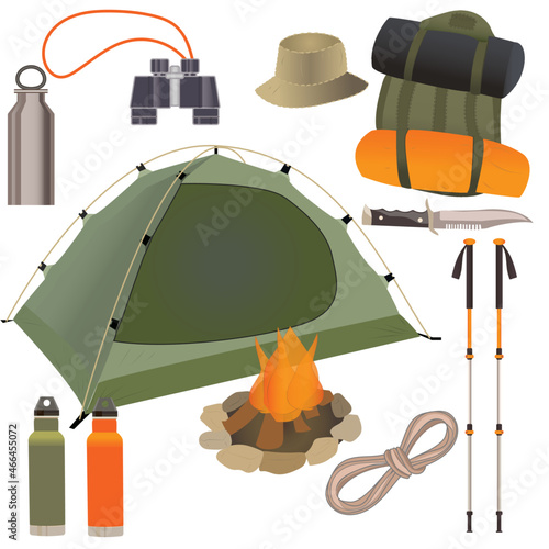 Hiking , camping backpack and items. Flat graphics set .Travel gear and equipment. Hiking and trekking essentials, flat vector isolated illustration. 