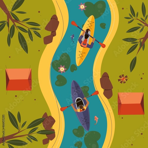 People doing sport in kayaks on the river. Camping spot top view. Vector illustration.