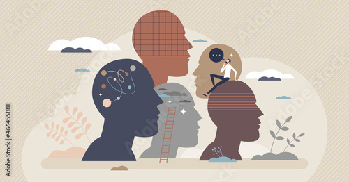 Neurodiversity as human mind variation and differences tiny person concept. Mental awareness and psychological issues about sociability, learning, attention, mood and disorders vector illustration.