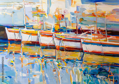 Original oil painting. Fishing boats. Modern art.