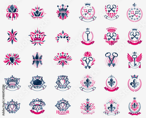 Vintage heraldic emblems vector big set, antique heraldry symbolic badges and awards collection, classic style design elements, family emblems.