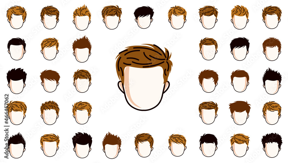 Boy hairstyles heads vector illustrations set isolated on white background, early teen kid boy attractive beautiful haircuts collection, different hair color. Boy hairstyles heads vector illustrations set isolated on white background, early teen kid boy attractive beautiful haircuts collection, different hair color.