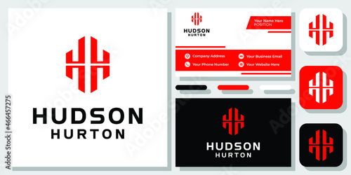 Initials Letter HH Monogram Hexagon Strong Red Modern Mirror Logo Design with Business Card Template