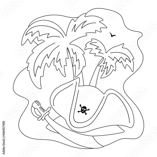 Pirate cocked hat with saber and palm trees on the background. Children's coloring page. Vector illustration with isolated objects in hand drawn style. Coloring book for kids