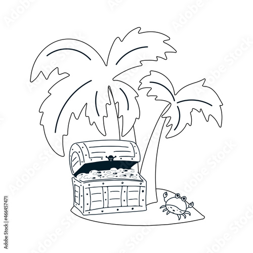 An island with a pirate treasure chest, palm tree and crab. Adventure concept from vector isolated illustrations. Set of elements.