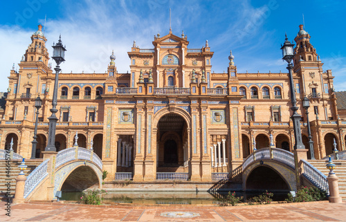 Front view of the main building of the famous Plaza de España or Spanish Square in Seville (Andalusia, Spain). Most emblematic place in the city with a high architectural value.