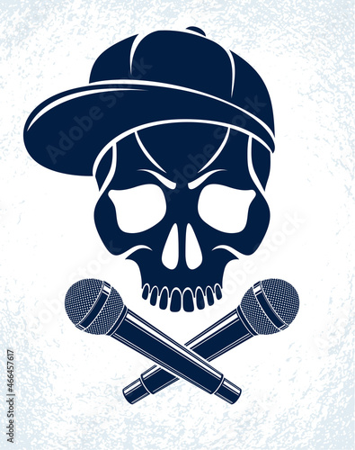Rap music vector logo or emblem with aggressive skull and two microphones crossed like bones, Hip Hop rhymes festival concert or night club party label, t-shirt print.