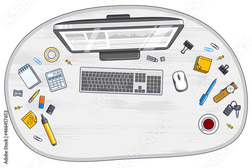 Work desk workspace top view with PC computer and a lot of different stationery objects on table with copy space for text. All elements are easy to use separately or recompose illustration. Vector.