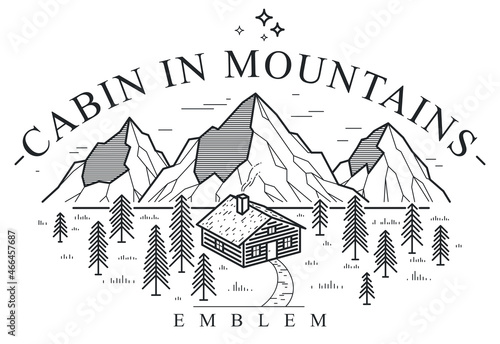 Cabin in mountains linear vector nature emblem isolated on white, log cabin cottage for rest in pine forest, holidays and vacations theme line art logo.