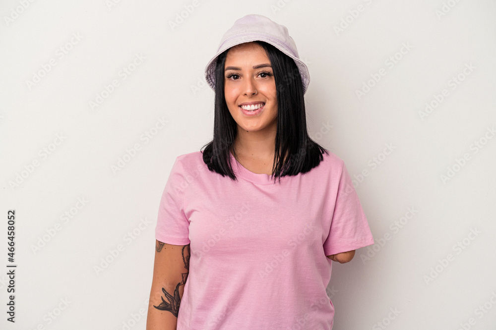 Young caucasian woman with one arm isolated on white background happy, smiling and cheerful. Young caucasian woman with one arm isolated on white background happy, smiling and cheerful.