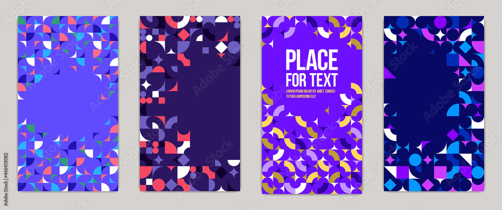 Geometric design covers vector set, colorful modular constructor design backgrounds, flyer templates in retro 70s style, art pattern square and circle shapes.