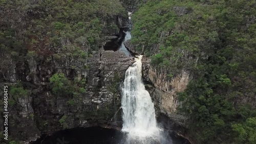 An aerial view of a waterfall in Chapada dos Veadeiros National Park in the state of Goias, Brazil photo
