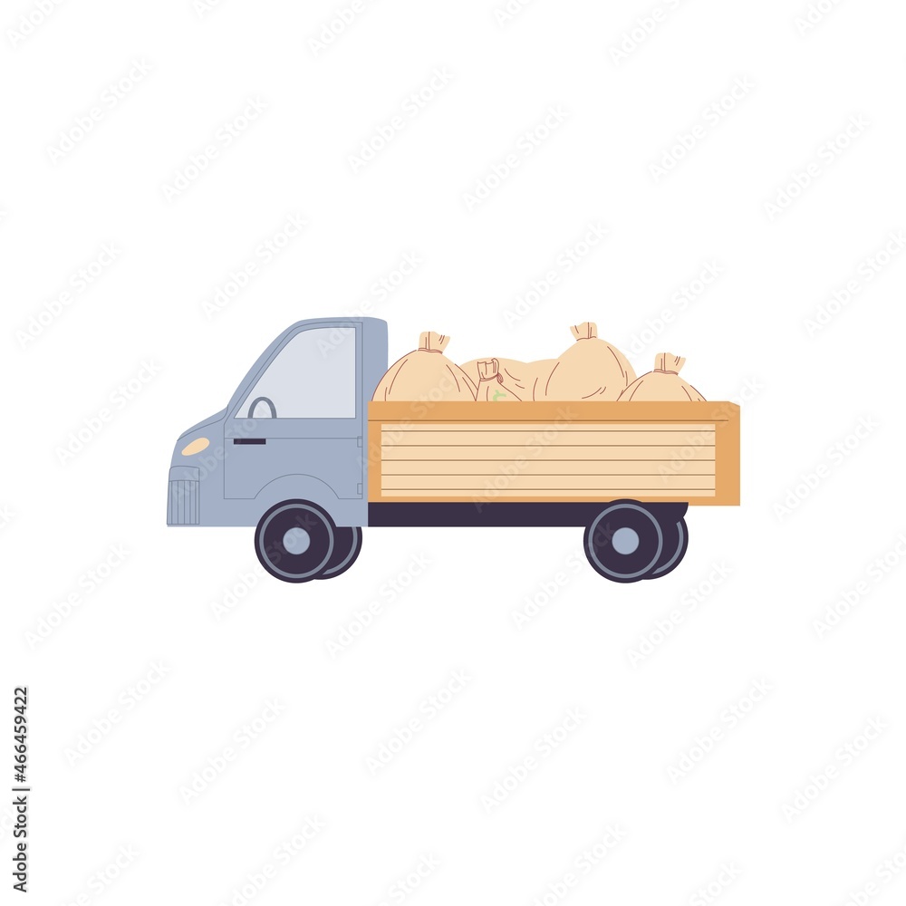 Naklejka premium Vector flat cartoon truck loaded with bags isolated on empty background-travel,transportation,auto industry concept,web site banner ad design