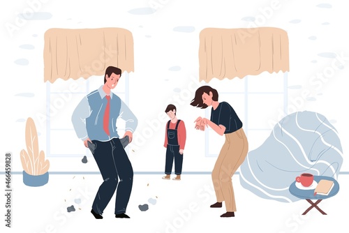 Vector cartoon flat parents characters quarreling about dad's low wage problem,while upset unhappy child watching.Family relationships,social behavior and psychology concept,web site banner ad design